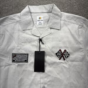 Lark & Owl Motorsport Camp Collar Shirt Gray Cotton Medium Racing Embroidered